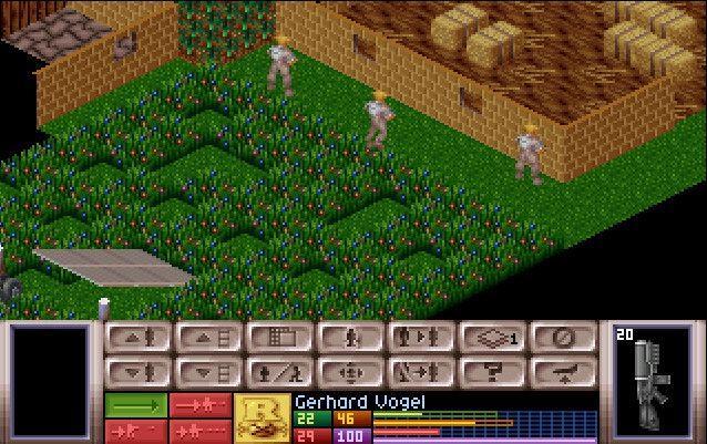 The main tactical screen. Here, three soldiers are approaching a barn having just left the Sky Ranger